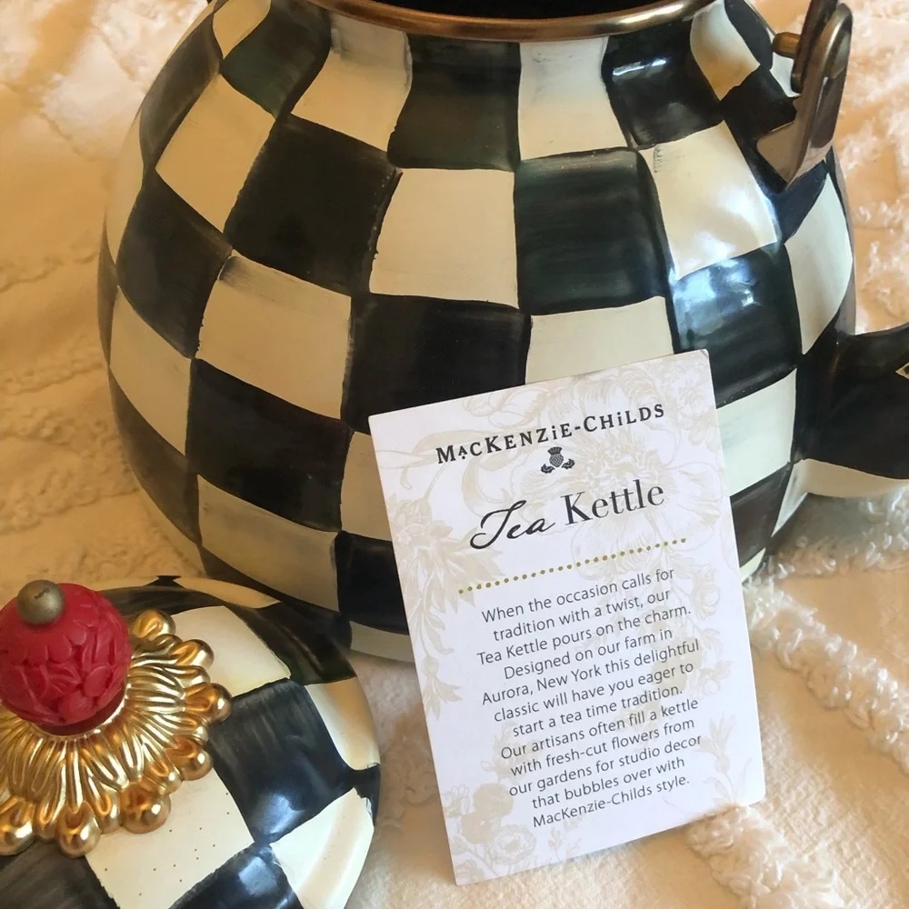 MacKenzie-Childs Black and White Checkered Teapot Kettle with Red Knob, 3qt - Picture 4 of 7